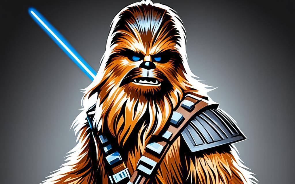 Chewbacca mit braunem Fell und blauen Augen