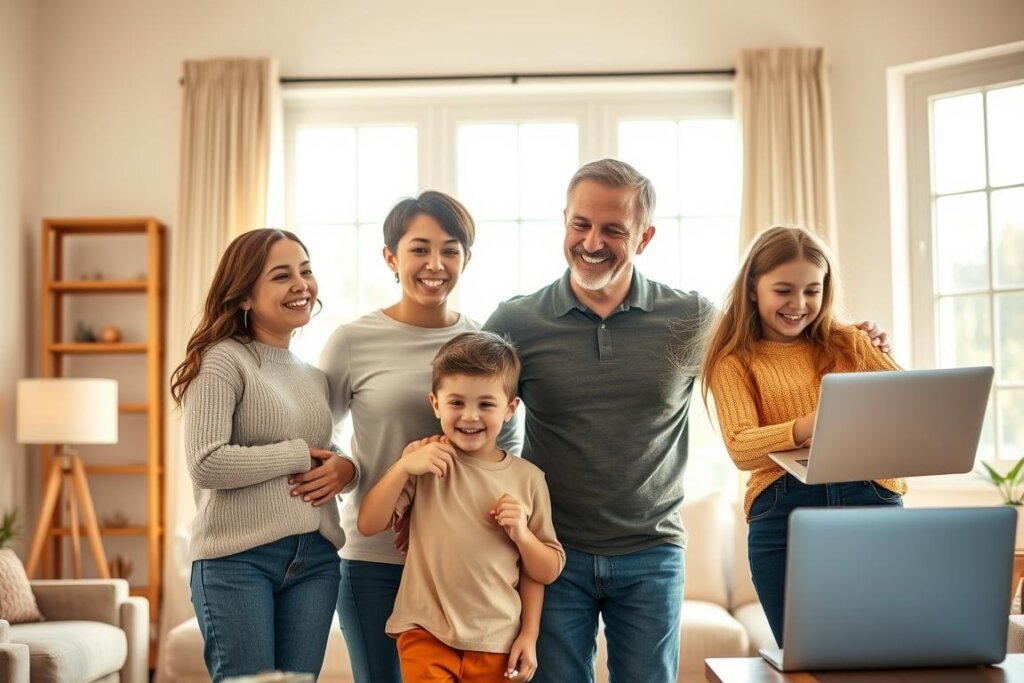 A family of four - a mother, father, son, and daughter - standing together in a warm, inviting living room. The room is filled with natural light from large windows, casting a soft, cozy glow. The parents are smiling and the children are playfully interacting, creating a sense of familial warmth and togetherness. In the background, a laptop or tablet is visible, hinting at the digital aspect of their lives and the need for shared digital services. The overall composition and mood evoke the concept of a "family plan" or "family bundle" for a digital subscription service. A family of four - a mother, father, son, and daughter - standing together in a warm, inviting living room. The room is filled with natural light from large windows, casting a soft, cozy glow. The parents are smiling and the children are playfully interacting, creating a sense of familial warmth and togetherness. In the background, a laptop or tablet is visible, hinting at the digital aspect of their lives and the need for shared digital services. The overall composition and mood evoke the concept of a "family plan" or "family bundle" for a digital subscription service.