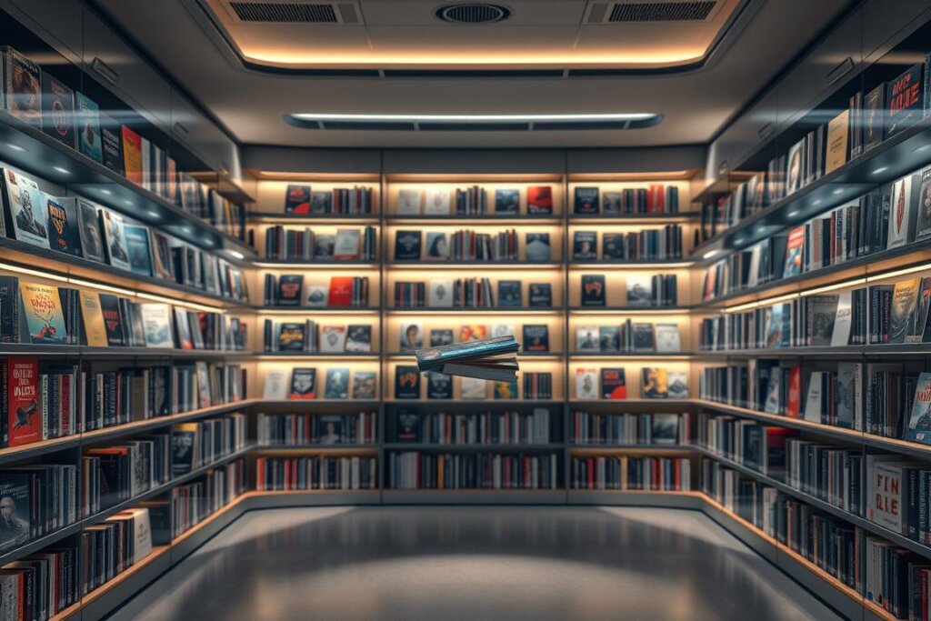 A futuristic library shelving system, showcasing a diverse range of audiobook covers in a sleek, modern setting. The shelves are backlit, casting a warm glow over the curated collection. In the foreground, a few select titles float in midair, hinting at advanced display technologies. The middle ground features a mix of classic and cutting-edge audiobook formats, from traditional hardcovers to holographic projections. The background blends seamlessly with the environment, creating a sense of depth and immersion. Soft, diffused lighting illuminates the scene, emphasizing the premium, high-quality nature of the "Audible Inhalte 2025" offerings. An atmosphere of innovation, accessibility, and a deep respect for the art of storytelling pervades the image.