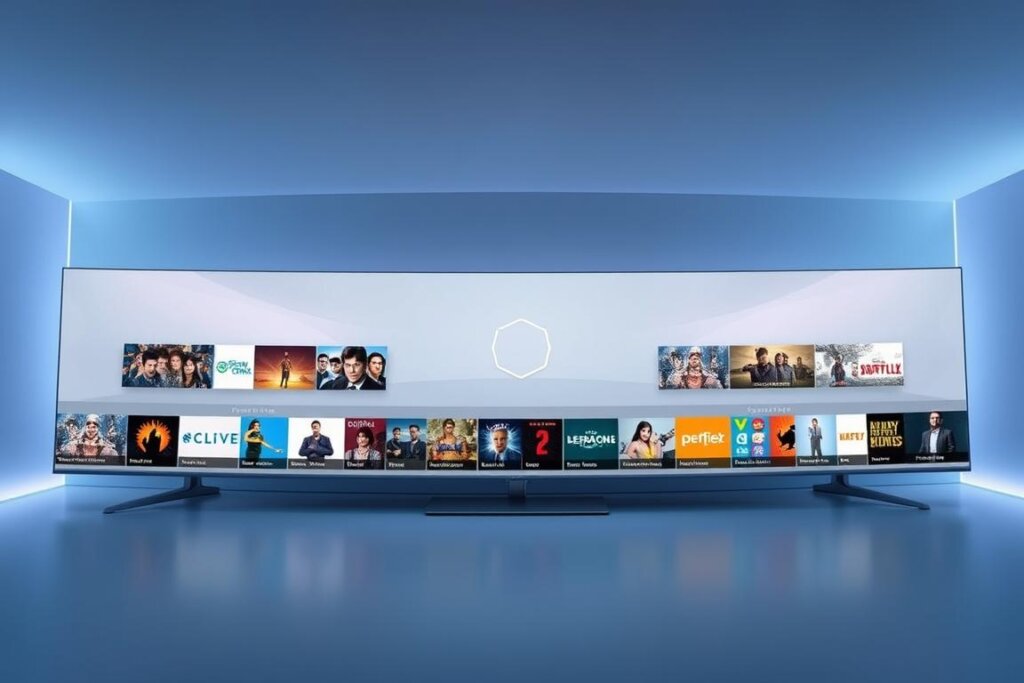 A panoramic view of a sleek, modern digital media platform showcasing a diverse array of streaming content channels and premium add-on services. The foreground features a tasteful arrangement of streamlined channel icons, meticulously crafted to highlight the breadth of entertainment options available. The middle ground depicts a clean, minimalist user interface, inviting the viewer to explore the intuitive navigation and seamless browsing experience. In the background, a soft, atmospheric lighting creates a sense of depth and sophistication, while subtle gradients and geometric patterns subtly reinforce the technological prowess of the platform. The overall composition conveys a premium, cutting-edge aesthetic that aligns with the high-quality content and services on offer.