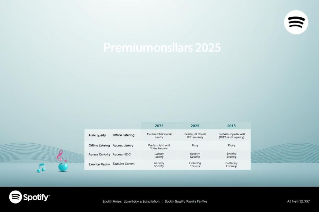 A sleek and sophisticated infographic showcasing the Spotify Premium subscription plans for 2025. Set against a minimalist, gradient-based backdrop, the image features a clean layout with distinct sections delineating the various service tiers and their corresponding features. The foreground comprises a series of elegant icons and infographic elements, neatly organized to highlight the key differences between the subscription levels, such as audio quality, offline listening, and access to exclusive content. The middle ground presents a clear, tabular layout comparing the specific details of each plan, using a modern, sans-serif typeface and a color palette of muted blues and grays to maintain a professional, tech-savvy aesthetic. The background subtly suggests a sense of dynamism and progress, with faint, pulsing lines or gradients evoking the digital nature of the Spotify platform. The overall composition strikes a balance between informative clarity and visual sophistication, making it an effective and