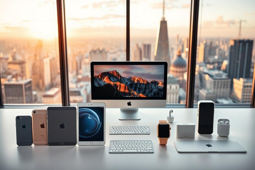 A sleek, modern interior with various Apple devices displayed prominently. In the foreground, a lineup of the latest iPhone, iPad, and Apple Watch models in shades of silver, space gray, and gold. In the middle ground, a MacBook Pro and iMac sit on a minimalist white desk, surrounded by wireless accessories like AirPods and a Magic Keyboard. The background features floor-to-ceiling windows overlooking a vibrant city skyline, bathed in warm, natural lighting. The overall scene conveys a sense of technological innovation, elegance, and the seamless integration of Apple's product ecosystem in the German market.