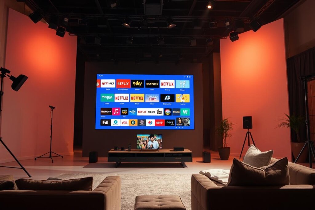 A spacious studio set illuminated by warm, diffused lighting. On a large display, vibrant logos and iconography representing the diverse content offerings of the Joyn streaming platform. In the foreground, a sleek, minimalist entertainment center showcases various media devices, hinting at the seamless viewing experience. The middle ground features a cozy seating area, suggesting an inviting environment for content consumption. The background contains a stylish, modern interior design, emphasizing the sophistication and cutting-edge nature of the Joyn platform. The overall mood conveys a sense of abundant choice, technological prowess, and a premium entertainment experience.