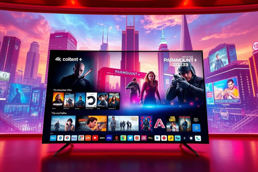 A vibrant and futuristic digital landscape showcasing the Paramount+ content offerings for 2025. In the foreground, a sleek and immersive 4K OLED display showcases a curated selection of the platform's newest blockbuster films, hit TV series, and exclusive originals. The middle ground features a dynamic grid of app icons and content tiles, highlighting the depth and breadth of the Paramount+ catalog. In the background, a futuristic cityscape with towering skyscrapers and holographic billboards sets the stage for the platform's technological advancements. The scene is bathed in a warm, vibrant color palette, evoking a sense of excitement and innovation. Cinematic lighting and a cinematic camera angle create a sense of depth and grandeur, reflecting the high-quality content and premium viewing experience offered by Paramount+ in 2025.