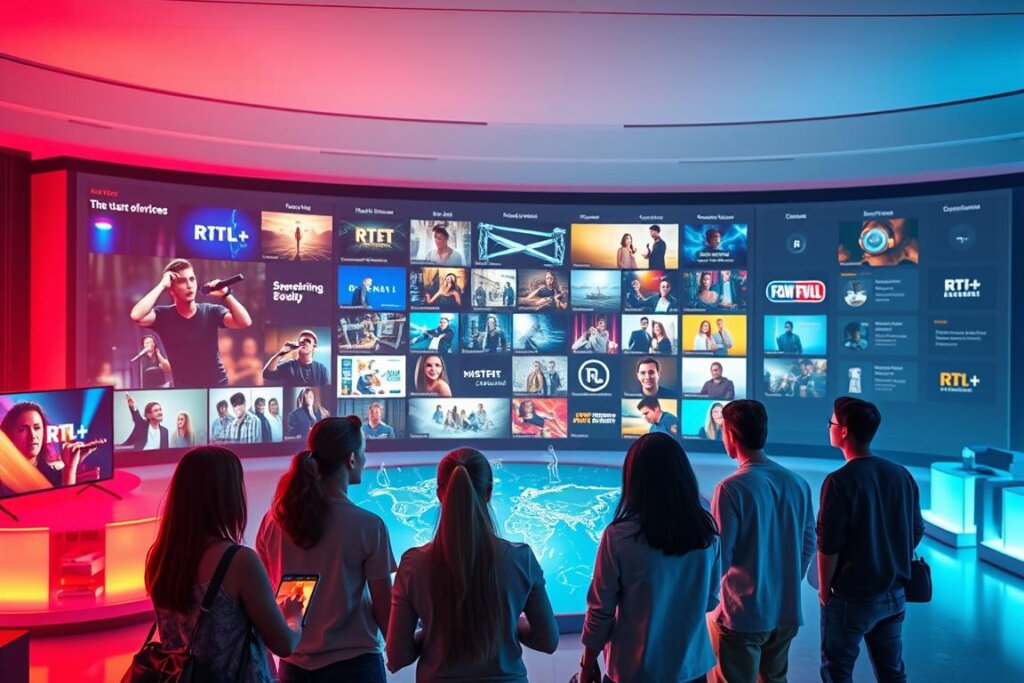 A vibrant, futuristic scene depicting the diverse entertainment offerings of RTL+ in 2025. In the foreground, a group of friends gather around a holographic display, exploring an array of live events, concerts, and interactive experiences. The middle ground features a large video wall showcasing a variety of captivating content, from cinematic dramas to cutting-edge virtual reality productions. In the background, a sleek, minimalist interface showcases the comprehensive suite of RTL+ services, all illuminated by a warm, ambient lighting scheme that conveys a sense of technological sophistication and cultural vibrancy. The overall composition should evoke a sense of excitement and anticipation for the future of entertainment.