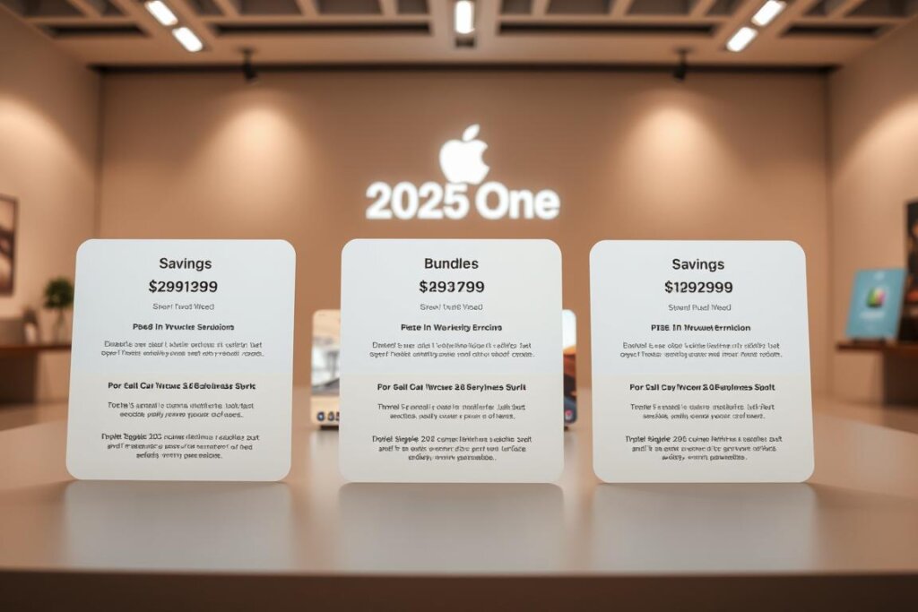 Detailed image of Apple's 2025 One Bundle offerings, showcasing the various subscription packages and potential savings. Set in a modern, sleek studio environment with soft, warm lighting. Layered composition with the bundle options displayed prominently in the foreground, surrounded by relevant product icons and graphics in the middle ground, and a blurred background highlighting the Apple branding and design aesthetic. Convey a sense of value, simplicity, and premium quality to align with Apple's brand identity.