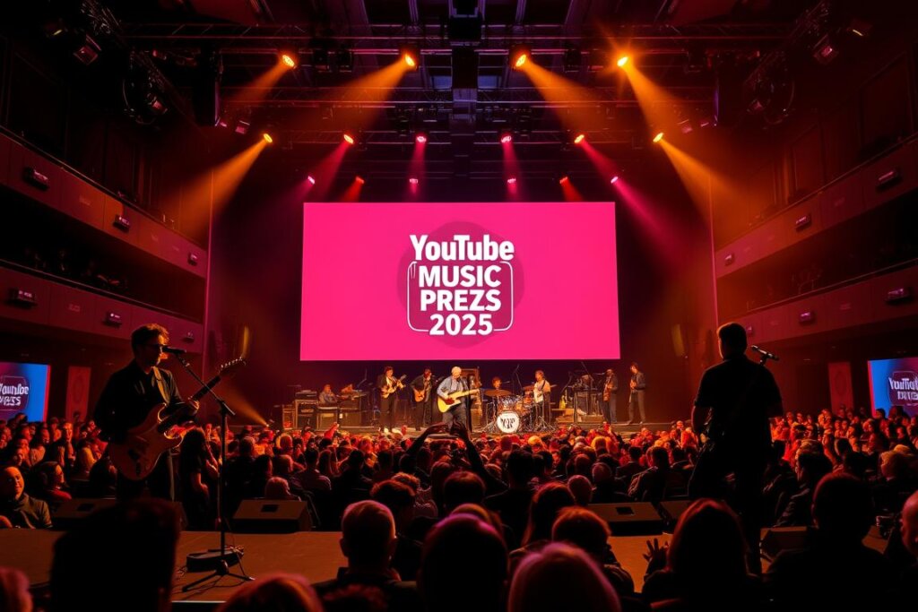 Vibrant and modern concert stage with a large LED screen displaying the "YouTube Music Preis 2025" logo. The stage is illuminated by warm, theatrical lighting, casting dramatic shadows and highlights on the performers. In the foreground, two musicians perform on electric guitars, their movements captured in dynamic poses. The middle ground features an orchestra of instrumentalists, their instruments glinting under the stage lights. In the background, an enthusiastic audience fills the auditorium, their silhouettes visible against the brightly lit stage. The overall atmosphere is one of excitement and celebration, reflecting the prestige and significance of the YouTube Music Preis event.